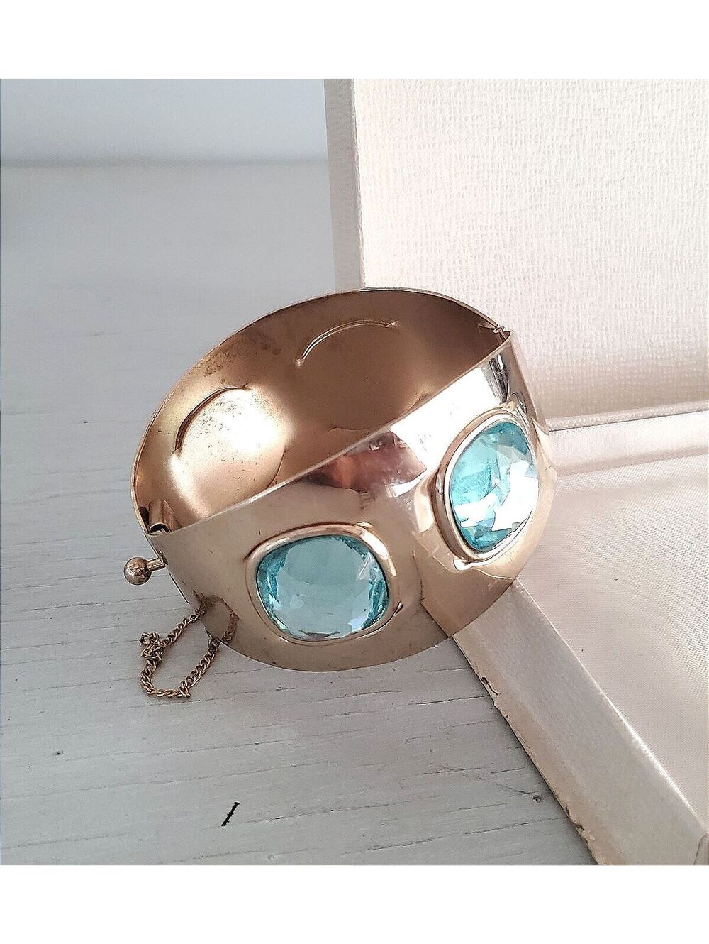 Vintage Bergére Gold-Plated Metal Aqua Faceted Stone Bangle